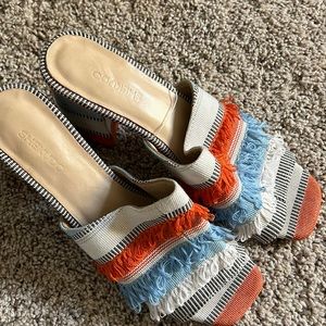 Shekudo Heels with orange, blue, and white fringe